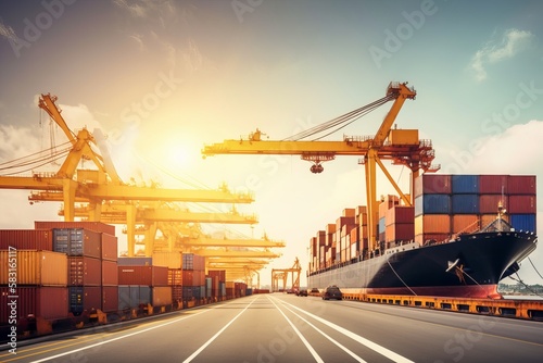 Modern System transportation and logistic import export and transport industry of truck container cargo ship and cargo plane with working crane bridge in shipyard at sunset sky. Generative AI 