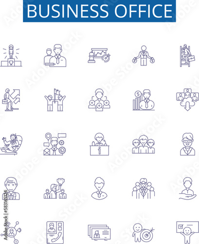 Business office line icons signs set. Design collection of Office, Business, Commercial, Desk, Furniture, Equipment, Files, Chairs outline concept vector illustrations