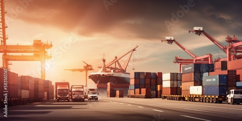 Modern System transportation and logistic import export and transport industry of truck container cargo ship and cargo plane with working crane bridge in shipyard at sunset sky. Generative AI 