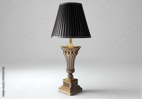 yellow brass table lamp with black shade, isolated on white, generative ai