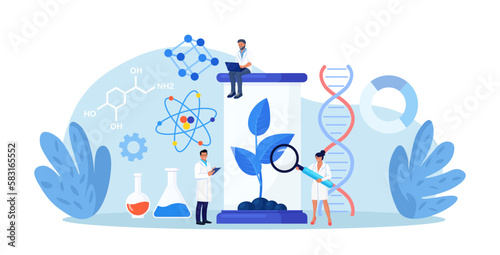 Biotechnology. Engineers growing green sprouts, plants in soil with cultivation equipment in science laboratory. Science experiment, molecular analysis, biological research for medical herb purpose