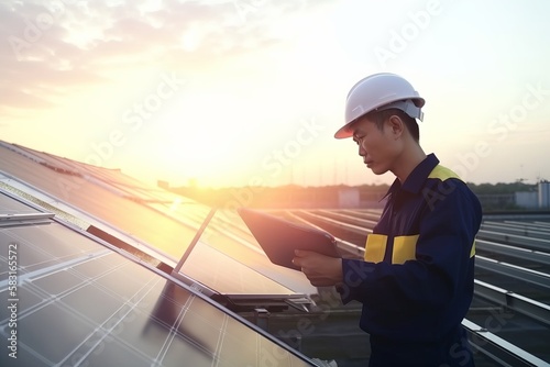 Architect and engineer work to the maintenance of Solar photovoltaic rows array of roof mount system Installation. Producing alternative energy for sustainable development.Generative AI technology.