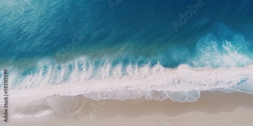 Aerial view of clear turquoise sea clean ocean waves breaking on white sand beach with turquoise emerald coloured water. Generative AI