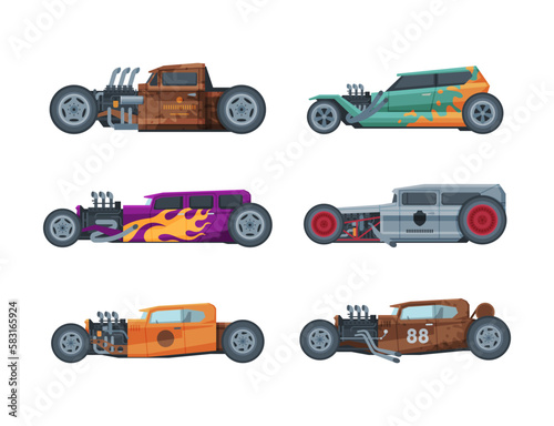 American Hot Rod Car with Large Engine and Tubes for Speed and Acceleration Vector Set