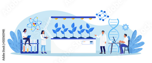 Biotechnology. Engineers growing green sprouts, plants in soil with cultivation equipment in science laboratory. Science experiment, molecular analysis, biological research for medical herb purpose
