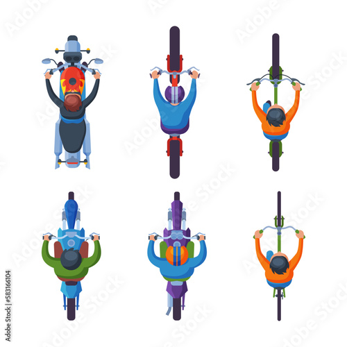 People Driving Motorbike and Riding Bicycle Holding Handlebar Above View Vector Set