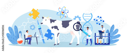 Biology scientists doing research cow dna. Genetically modified animals. Gene technology. Bioengineering. People doing experiments in lab with animal. Veterinary worker making test and analysis