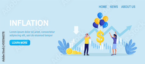 Inflation causing price rising up, financial crisis. Overvalued stock market. Money value growth. Unstable cash worth. Air balloons tied with dollar sign flying high rising up in the sky