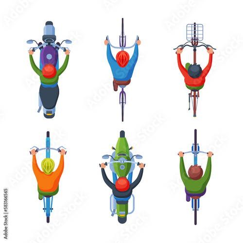 People Driving Motorbike and Riding Bicycle Holding Handlebar Above View Vector Set