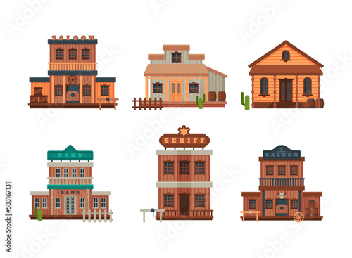 Western Style Building and Wild West Architectural Construction Vector Set