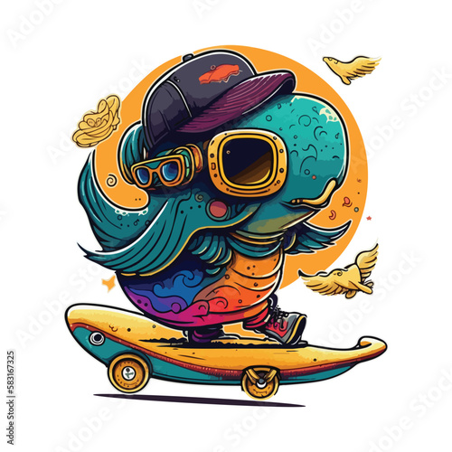 A cartoon drawing of a bird wearing a hat and glasses riding a skateboard