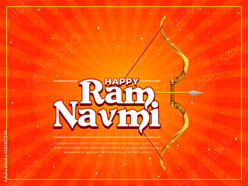 Happy Ram Navmi an Indian Festival Banner, Logo Design, Icon, Sticker, Concept, Greeting Card, Poster, Label, Web Mnemonic with golden bow and arrow in orange background. Jai Sri Ram