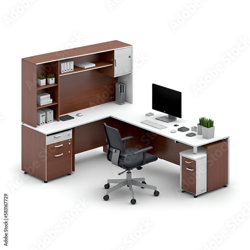 Illustration of office cubicle and workstation isolated on white background. Each unit is supplied with chairs, drawers and some other office accessories. © Aisyaqilumar