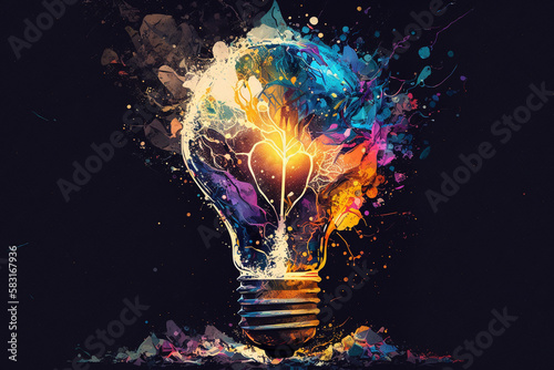 Colored creativity light bulb paint splash explosion. Colorful electricity and painting creativity concept idea. Ai generated