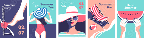 Summer time. Concept of summer party and travel. Perfect background on the theme of season vacation, weekend, beach. Vector illustration in minimalistic style for posters, cover art, flyer, banner.