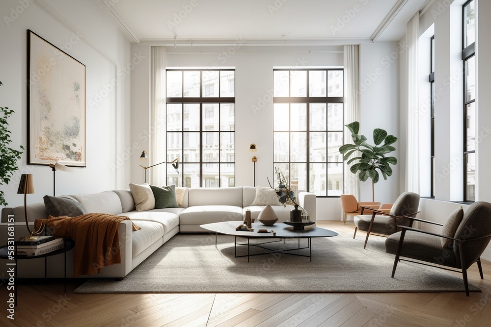 Fototapeta premium A spacious and bright living room with large windows and minimalist decor Generative AI