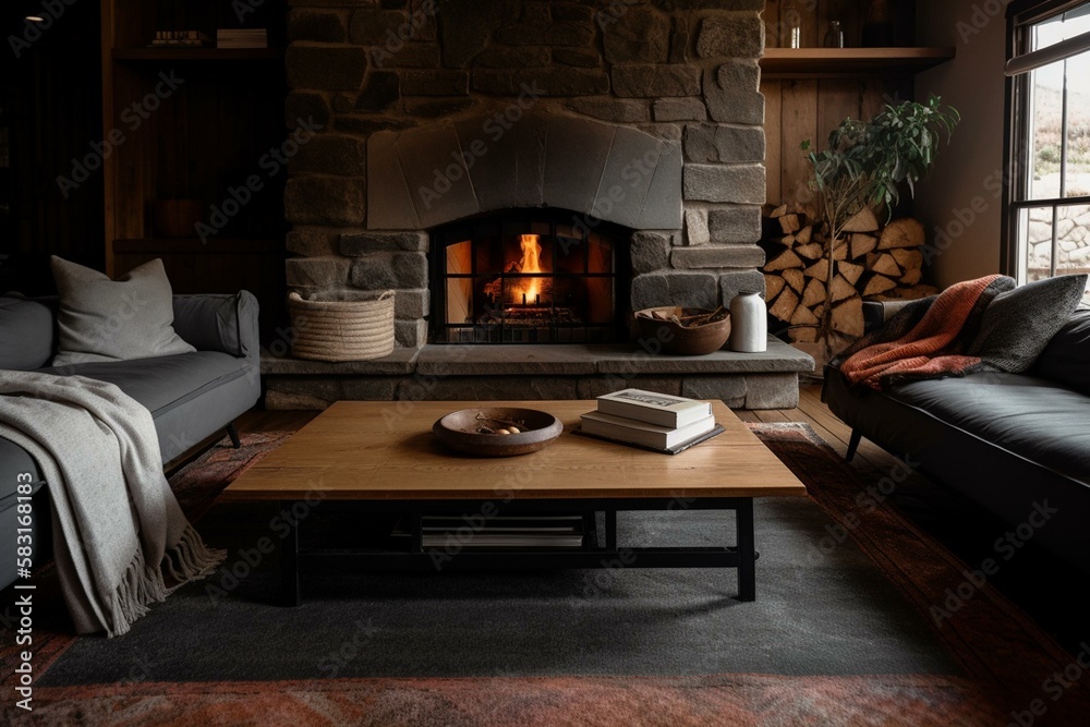 A cozy living room with a plush velvet sofa, natural wood coffee table, and warm wool rug in front of a large stone fireplace Generative AI A cozy living room with a plush velvet sofa, natural wood coffee table, and warm wool rug in front of a large stone fireplace Generative AI
