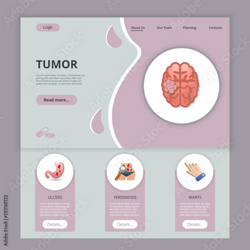 Tumor flat landing page website template. Ulcers, yersiniosis, warts. Web banner with header, content and footer. Vector illustration.