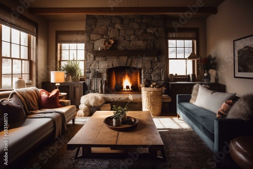 A cozy living room with a plush velvet sofa, natural wood coffee table, and warm wool rug in front of a large stone fireplace Generative AI