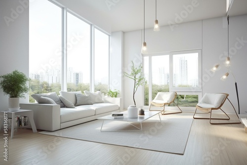 A spacious and bright living room with large windows and minimalist decor Generative AI