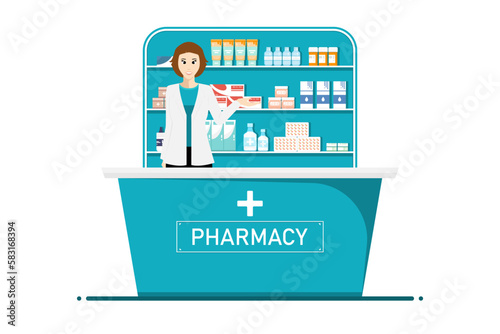 Doctor woman in pharmacy shop on isolated background, Digital marketing illustration.