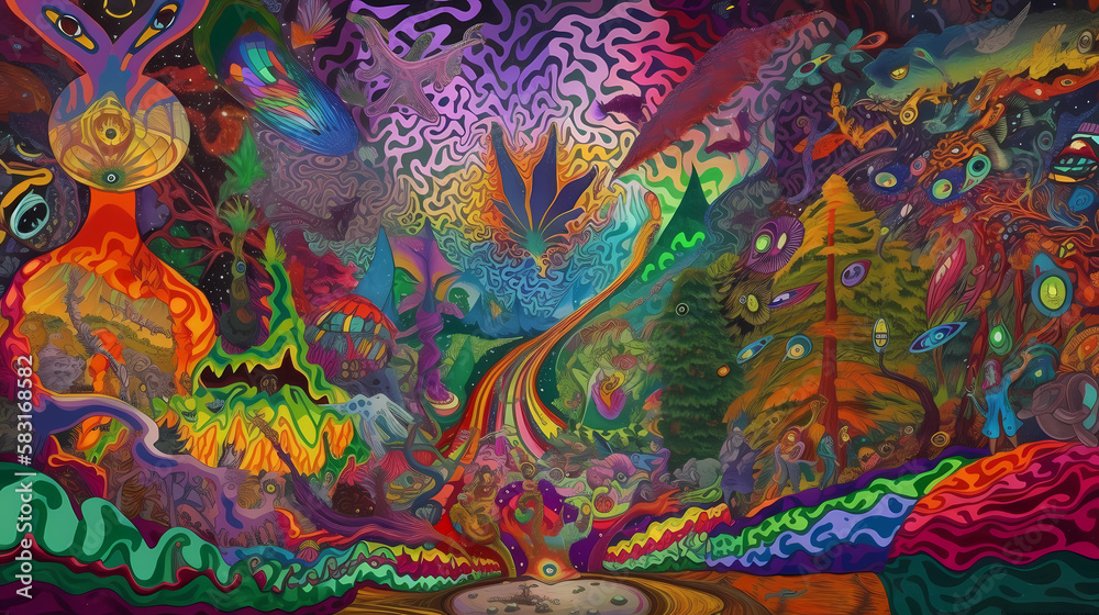 Exploring the Surreal Trippy Landscapes and Hallucinations in DMT LSD and Psilocybin Experiences with Generative AI