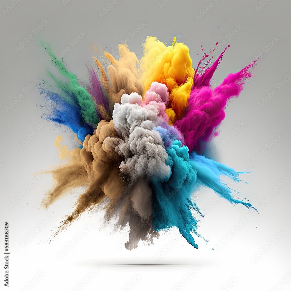 Vibrant Explosion of Powder Paint, an Abstract Art Fantasy on a White Background: Generative AI