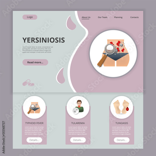 Yersiniosis flat landing page website template. Typhoid fever, tularemia, tungiasis. Web banner with header, content and footer. Vector illustration.