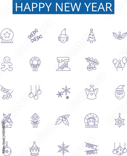 Happy new year line icons signs set. Design collection of Glad, Joyous, Cheerful, Merry, Festive, Blessing, Jubilant, Optimistic outline concept vector illustrations