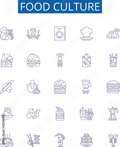 Food culture line icons signs set. Design collection of Cuisine, Gourmet, Gastronomy, Dishware, Recipes, Etiquette, Banquet, Dietary outline concept vector illustrations