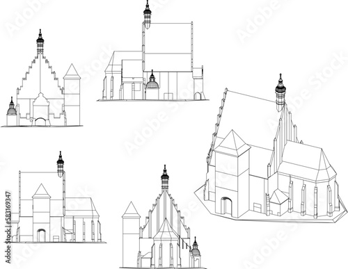 Sketch vector illustration of an ancient church with a tower