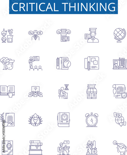 Critical thinking line icons signs set. Design collection of Analyzing, Evaluating, Reasoning, Inferring, Investigating, Synthesizing, Interpreting, Conceptualizing outline concept vector