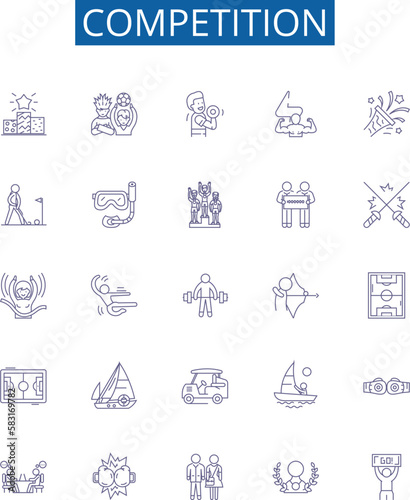 Competition line icons signs set. Design collection of Contest, Race, Duel, Clash, Struggle, Vying, Pit, Trial outline concept vector illustrations
