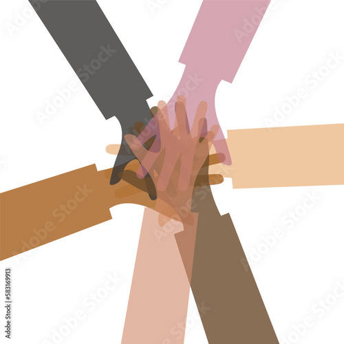 People's hands. Group the different arms and hands in a circle on top of each other. Teamwork, community, common idea, victory. Mixed race, racial equality, different nationalities.
