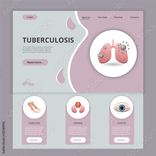 Tuberculosis flat landing page website template. Varicose, uremia, uveitis. Web banner with header, content and footer. Vector illustration. photo