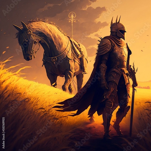 Golden Knight and His Horse Walking in the Golden Field   AI Generated