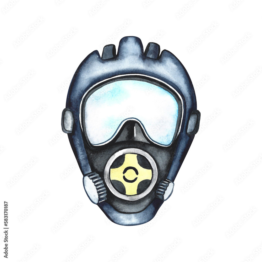 Full face diving mask. Watercolor hand drawn. Underwater travel. For the design of labels, business cards and banners Full face diving mask. Watercolor hand drawn. Underwater travel. For the design of labels, business cards and banners