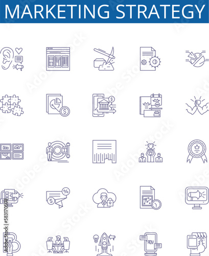 Marketing strategy line icons signs set. Design collection of marketing, strategy, planning, tactics, objectives, target, segment, positioning outline concept vector illustrations