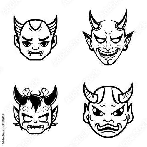 A set of cute kawaii Hannya masks  Hand drawn with clean line art. Each design features the iconic expression illustration