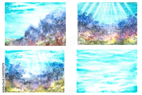 Backgrounds with underwater seascapes. Watercolor hand drawn. For background for labels, business cards and banners © ANTONINA MASLOVA