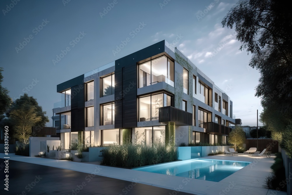 Luxury residential development with pool, generative ai