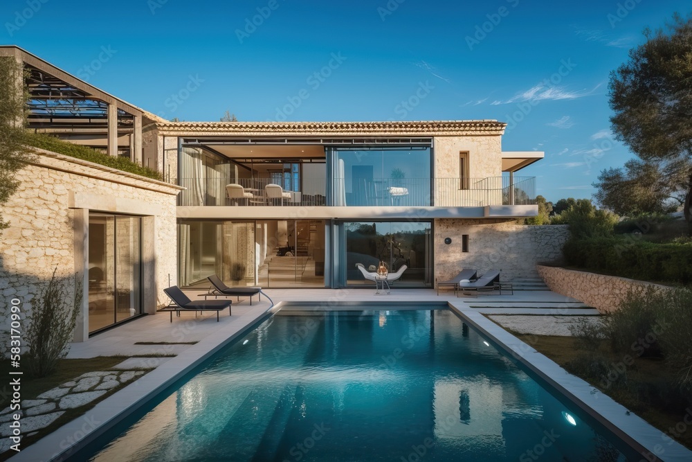 Luxury stone classic updated villa with swimming pool and garden, generative ai