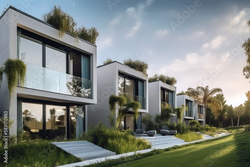 Luxury residential development with pool, generative ai © FrankBoston