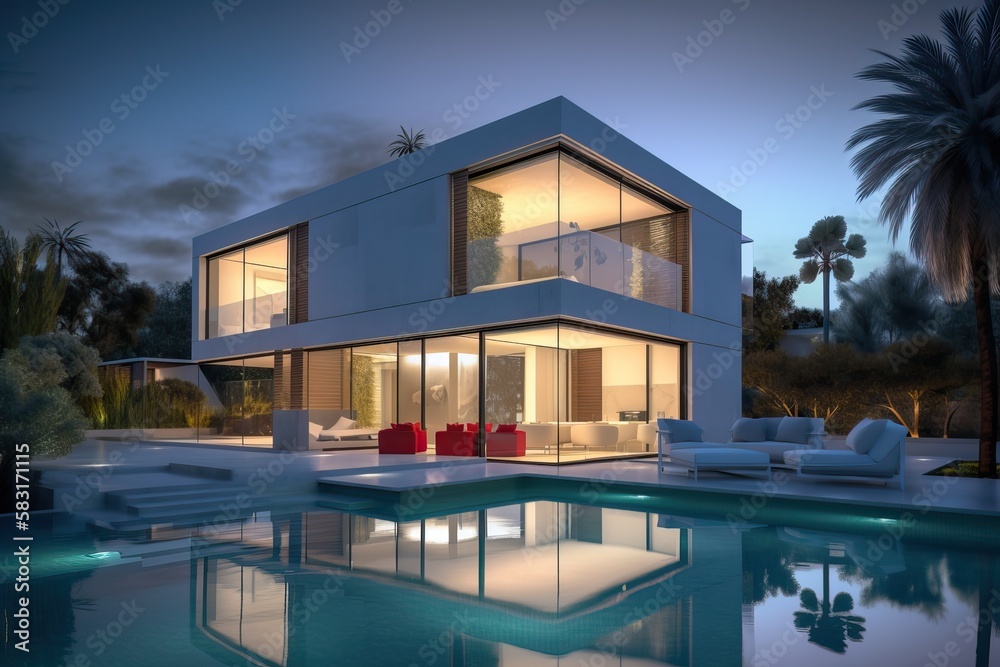Fototapeta premium Modern luxury home with pool and garden at blue hour, generative ai