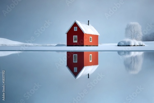 Red cottage in a white wint...