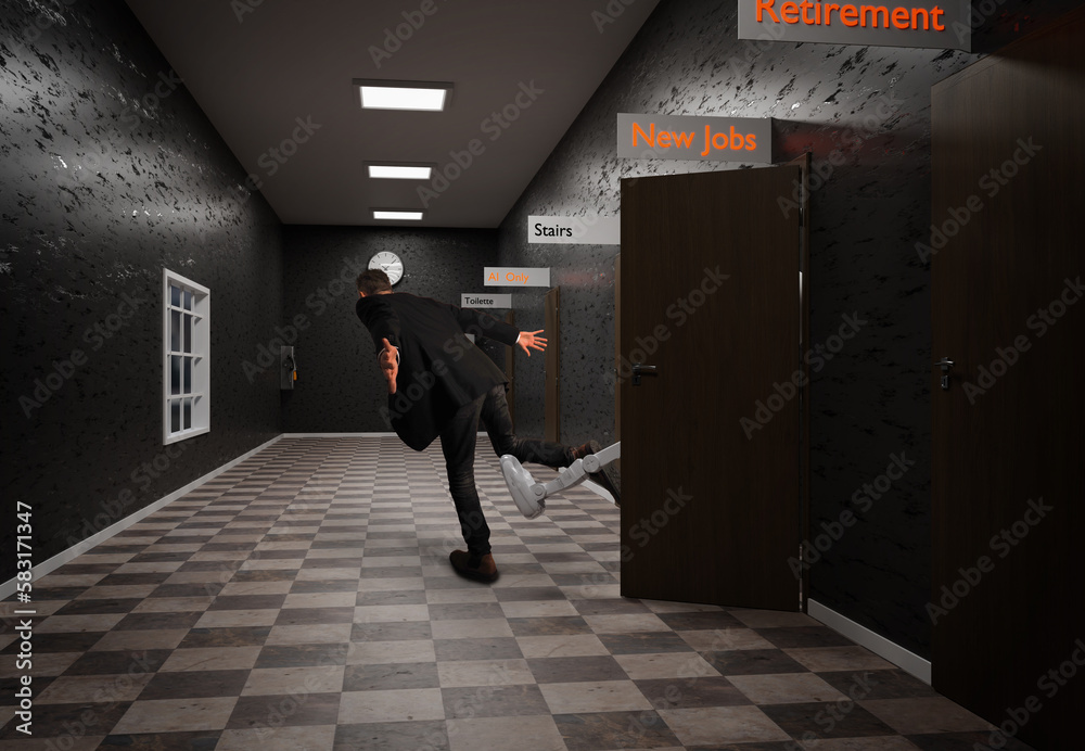 Fototapeta premium Robot employee at job center kicks job seeker out!
