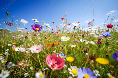 Colorful flower meadow in summer. Generative AI.