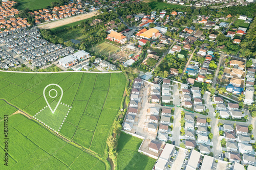 Land plot in aerial view. Gps registration survey of property, real estate for map with location, area. Concept for residential construction and development. Also home, house for sale, buy, investment