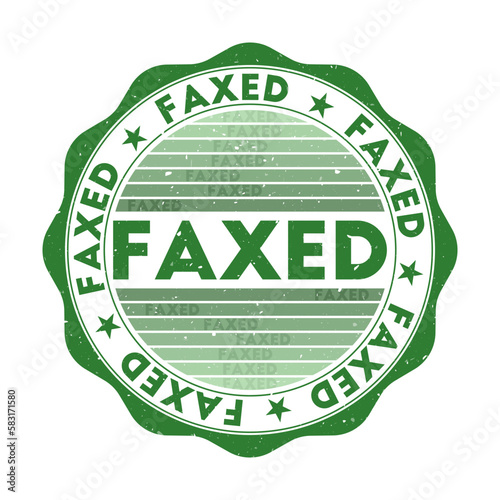 Faxed badge. Grunge word round stamp with texture in Lush Paradise color theme. Vintage style geometric faxed seal with gradient stripes. Amazing vector illustration.