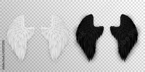 Two realistic wings isolated on transparent background. 3D white angel wings and dark devil, daemon wings. Heaven and hell, good and evil concept. Festival, masquerade, carnival costume. 
